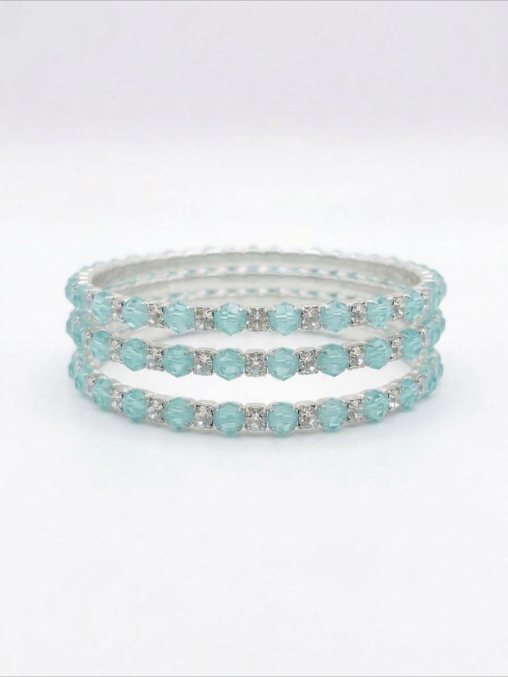 Aqua Crystal Bangle Set Silver Tone Embellished Stackable Bracelets Trio